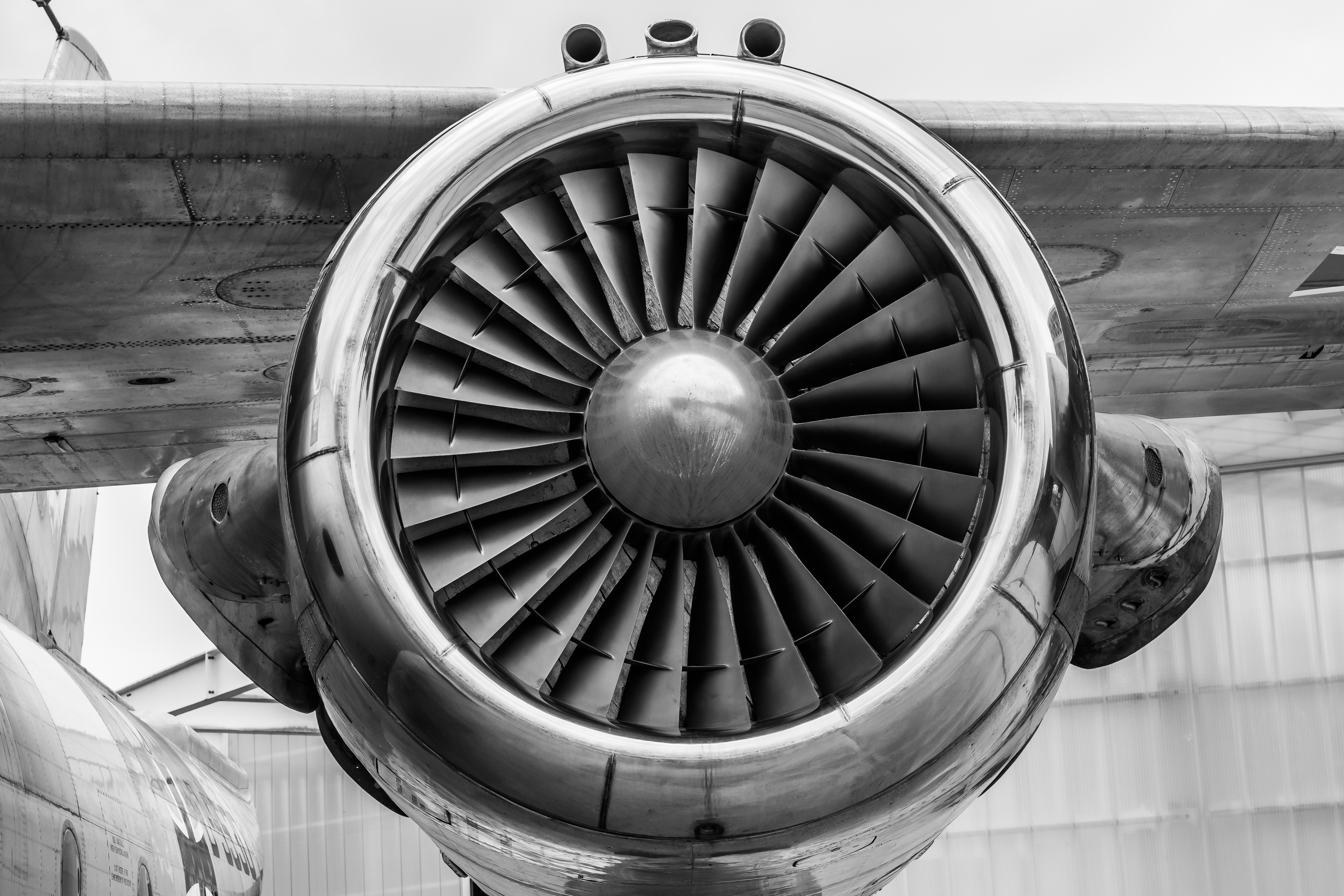aeroplane engine in black and white